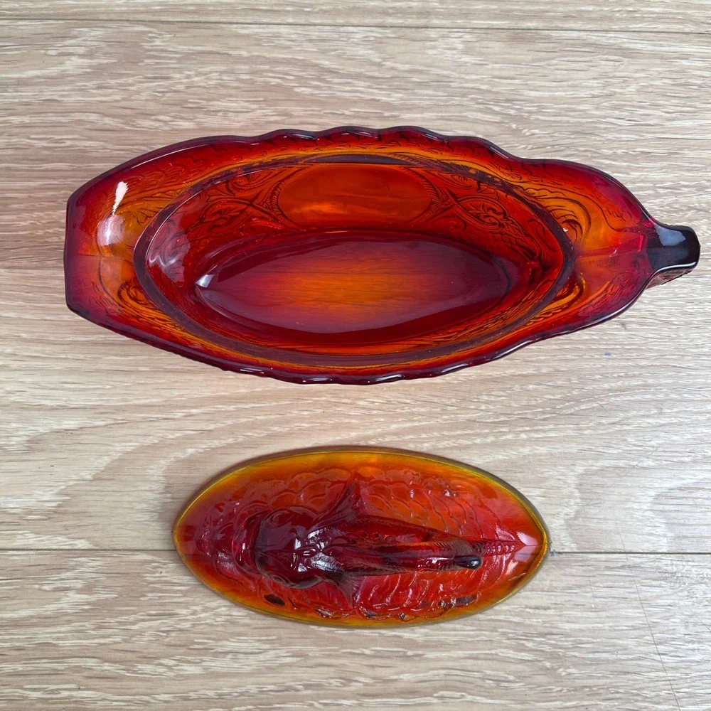 Vintage Amberina Glass Koi Fish Covered Gravy Boat Dish Red Orange 7 Inch